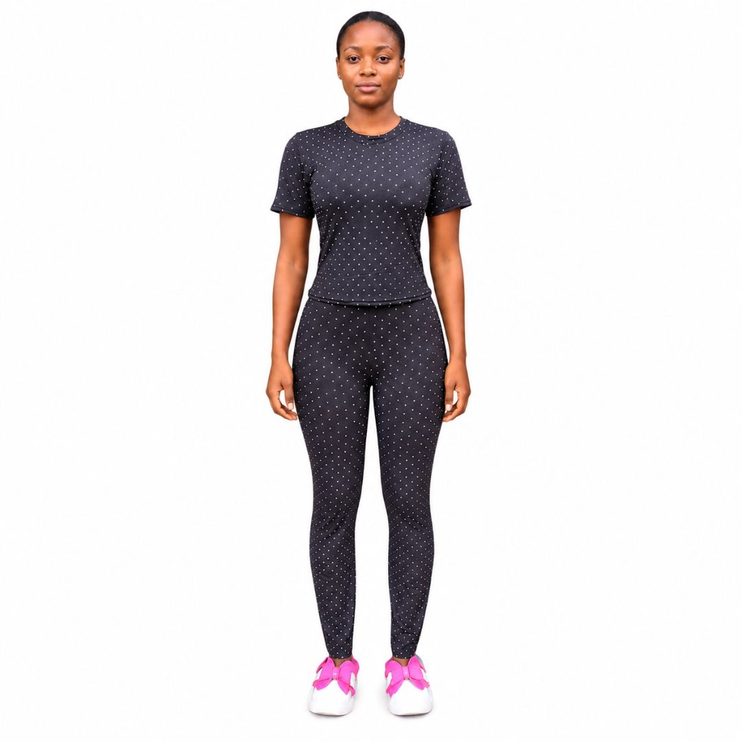 Womens Charcoal Grey Two Piece Ribbed Set with Dotted Pattern